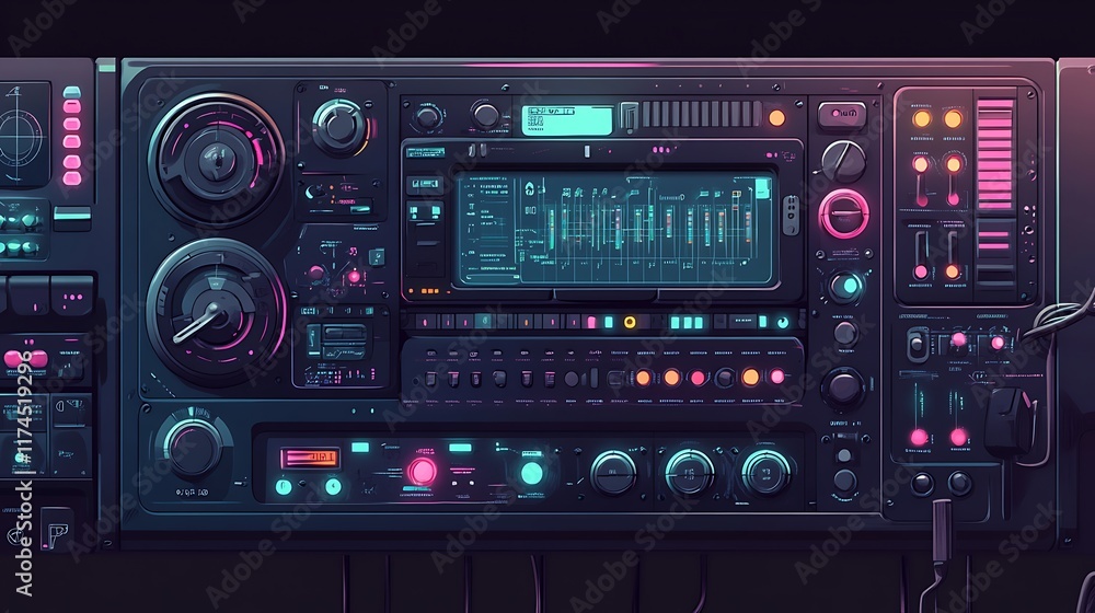 Poster futuristic control panel interface design with many controls