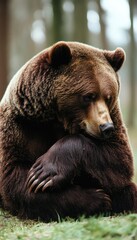 Fototapeta premium A contemplative brown bear sitting with its paws wrapped around its legs in a forest setting.