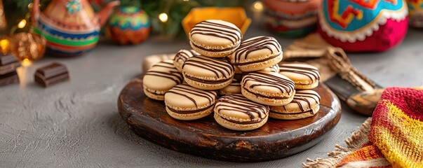 Fototapeta premium Deliciously Decorated Macarons With Chocolate Drizzle on Rustic Wooden Board