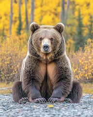 Fototapeta premium A close-up of a grizzly bear sitting on a rocky surface with a colorful autumn backdrop.