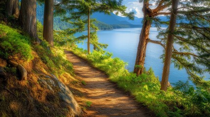 Fototapeta premium Serene Lakeside Pathway Surrounded by Lush Greenery and Tall Trees, Inviting Nature Walks and Scenic Views in a Tranquil Outdoor Setting