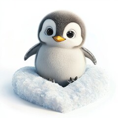 Fototapeta premium Adorable Baby Penguin Sitting on a Shimmering Snow Heart in a Winter Wonderland Setting