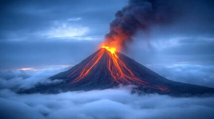 Majestic volcano eruption with flowing lava and billowing smoke at dusk