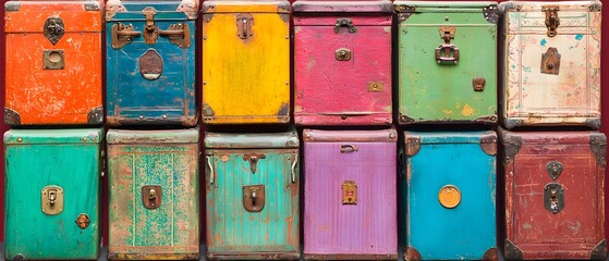 A row of orange lockers with a white background