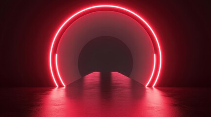 Abstract background with red neon light and glowing round arch on black background.