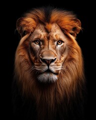 Fototapeta premium A majestic lion's face with a striking mane against a black background.