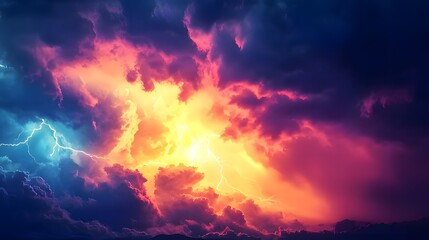 Naklejka premium A dramatic sky filled with colorful clouds and lightning, evoking nature's power.