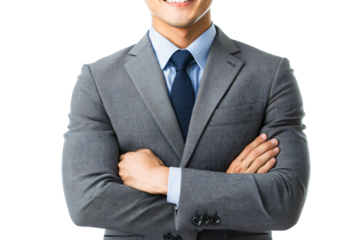 Confident Businessman with Arms Crossed Wearing Gray Suit and Blue Tie Portrait