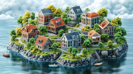 Obraz premium Island village, idyllic, ocean, cloudy sky