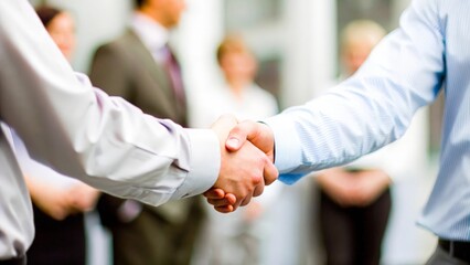 A blurred image of business partners shaking hands, symbolizing collaboration.	
