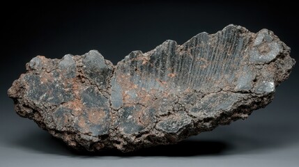 Fototapeta premium A dark, textured rock with layered formations, likely a mineral specimen.