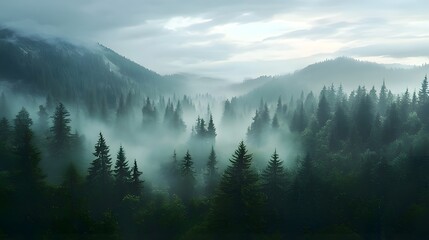 A misty forest landscape with mountains and dense trees, evoking tranquility and nature's beauty.