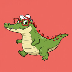 Cartoon crocodile wearing red glasses and a white hat on a red background.