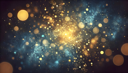 Obraz premium Mesmerizing digital artwork with golden bokeh lights on deep blue backdrop. Template for website backgrounds and graphic Design Projects