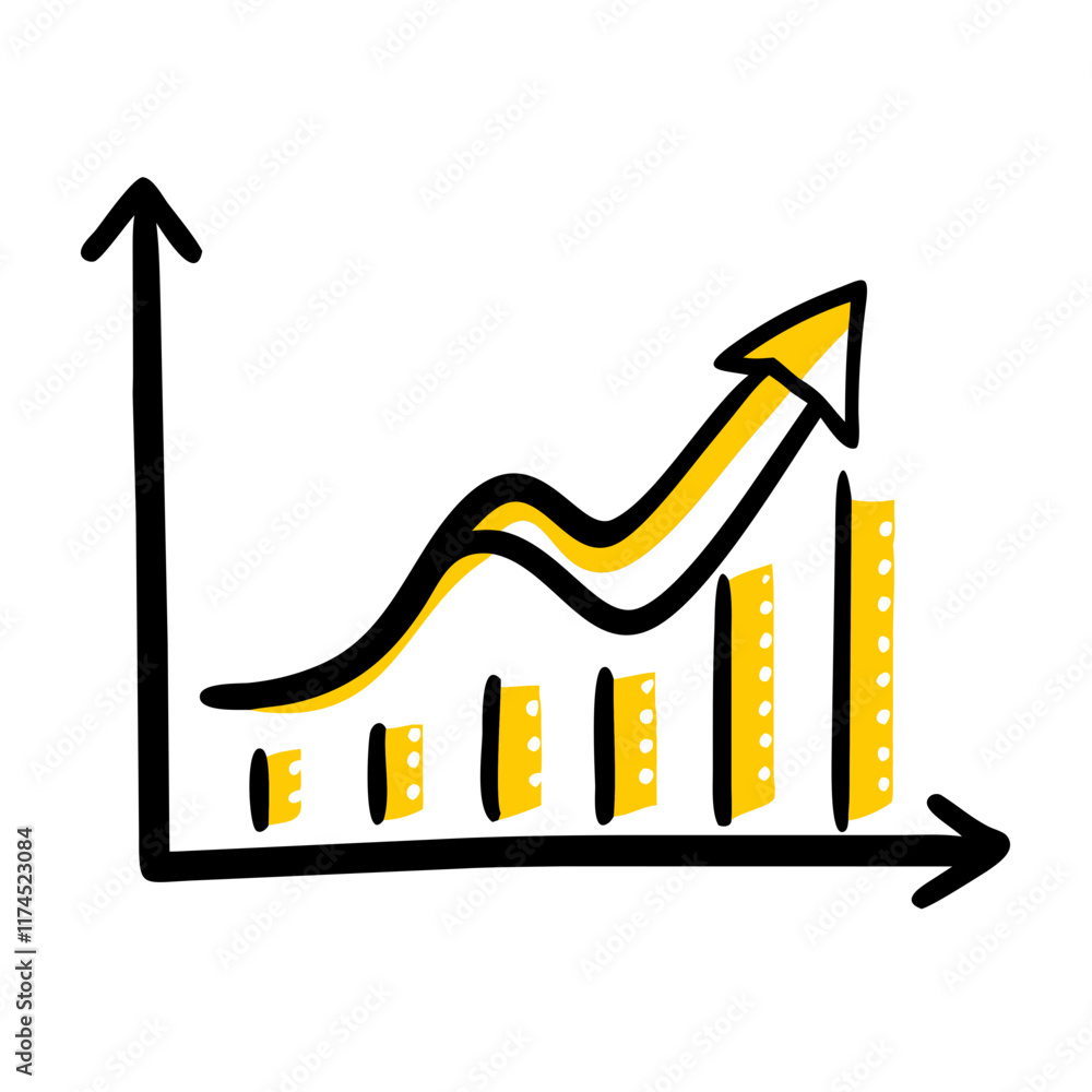 Poster rising chart with linear arrow and bar graph.