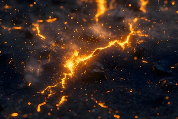 A close-up view of glowing lava cracks with sparks, depicting volcanic activity.