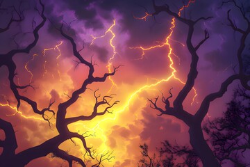 A dramatic sky illuminated by lightning, framed by dark, twisted tree branches.