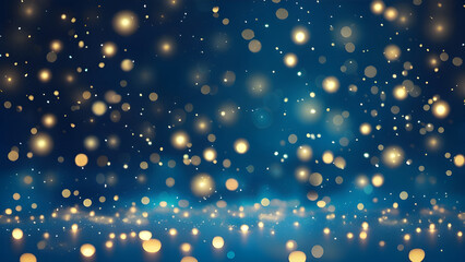Mesmerizing digital artwork with golden bokeh lights on deep blue backdrop. Template for website backgrounds and graphic Design Projects