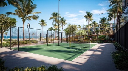 Fototapeta premium Outdoor Tennis Court Surrounded by Lush Palm Trees