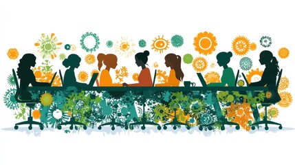 Diverse women collaborate digitally, floral background, meeting