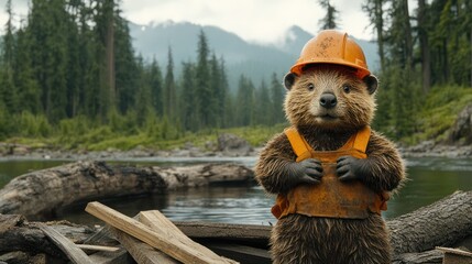 Beavers in work gear, forest river, mountain backdrop,  construction