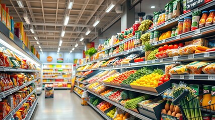 Grocery Store Aisle, Bright & Colorful, Full Shelves, Empty Aisles, AI Photo