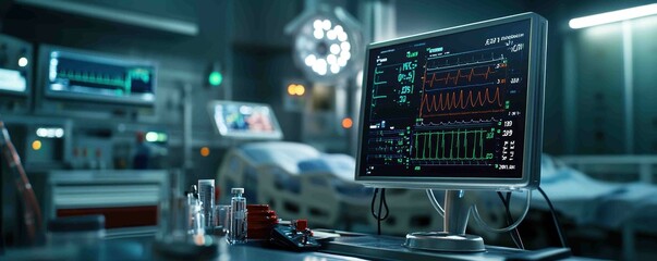 A state-of-the-art monitor displays vital signs and patient data in a modern hospital's critical care environment.