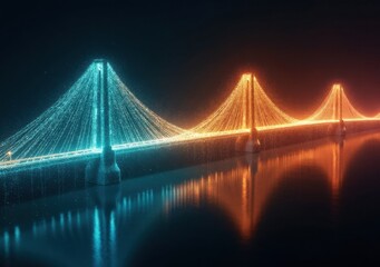 Fototapeta premium Colorful illuminated bridge reflections in a serene night landscape by the water