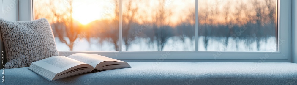 Poster a cozy window nook with an open book, overlooking a serene sunset, creating a tranquil reading atmos