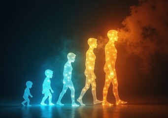Evolution of human growth depicted through glowing figures in various stages