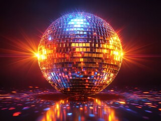 Obraz premium A disco ball is sitting on a dance floor with bright lights shining on it