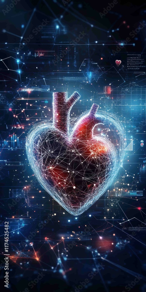 Poster a mesmerizing digital representation of a heart intertwined with data patterns, symbolizing the inte