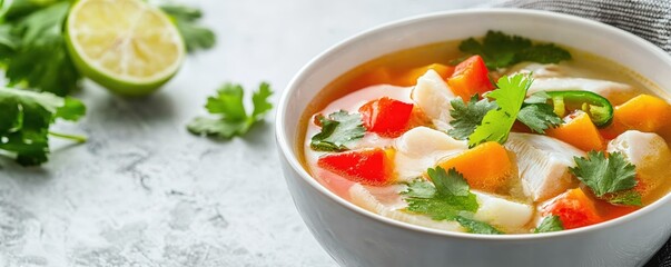 Fresh and Colorful Bowl of Healthy Fish Soup with Vegetables and Herbs on Gray Background