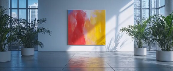 Abstract red and yellow artwork in modern gallery.