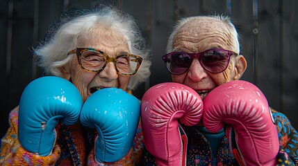 Two elderly women, wearing vibrant boxing gloves—one pink and the other blue—bring energy and color to their playful pose