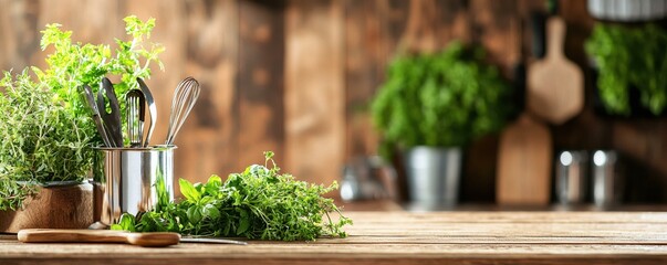 Fototapeta premium Fresh Herbs and Kitchen Utensils on a Wooden Counter in a Bright Culinary Environment