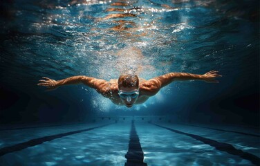 A captivating underwater image of a swimmer in motion, showcasing strength and grace as they glide through the water, surrounded by bubbles in a serene pool environment.