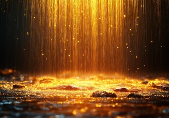 A gold stream of water is falling from the sky
