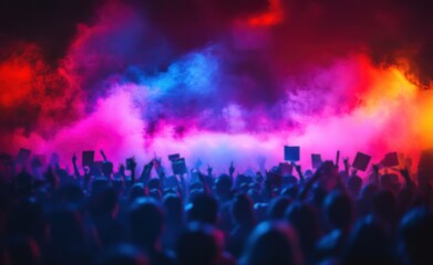 A crowd of people are at a concert, with many of them holding up signs