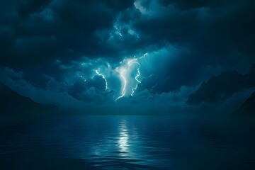 Naklejka premium A dramatic stormy sky with lightning illuminating a calm water surface.