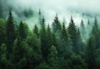 Fototapeta premium A serene forest enveloped in mist, with towering trees and lush greenery.