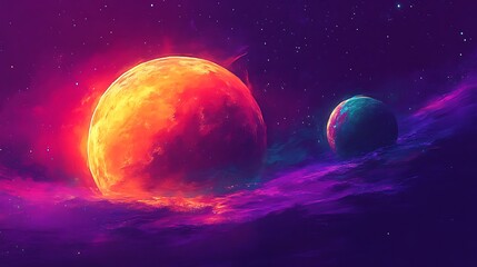 Vibrant Cosmic Landscape With Two Planets And Nebula