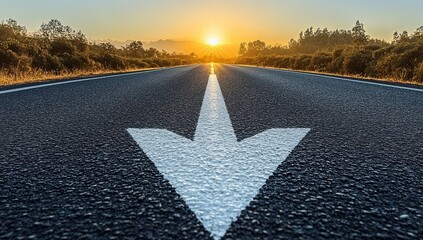 A road with a white arrow pointing down