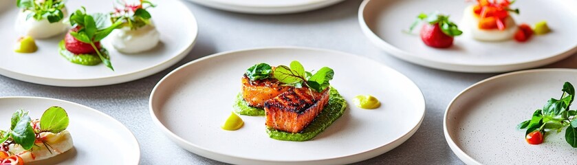 Gourmet Cuisine Presentation with Grilled Salmon and Fresh Ingredients on Elegant Plates
