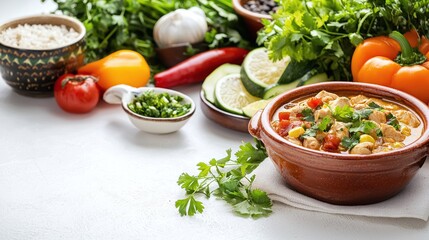 Fresh Ingredients and Delicious Chicken Stew on a White Surface