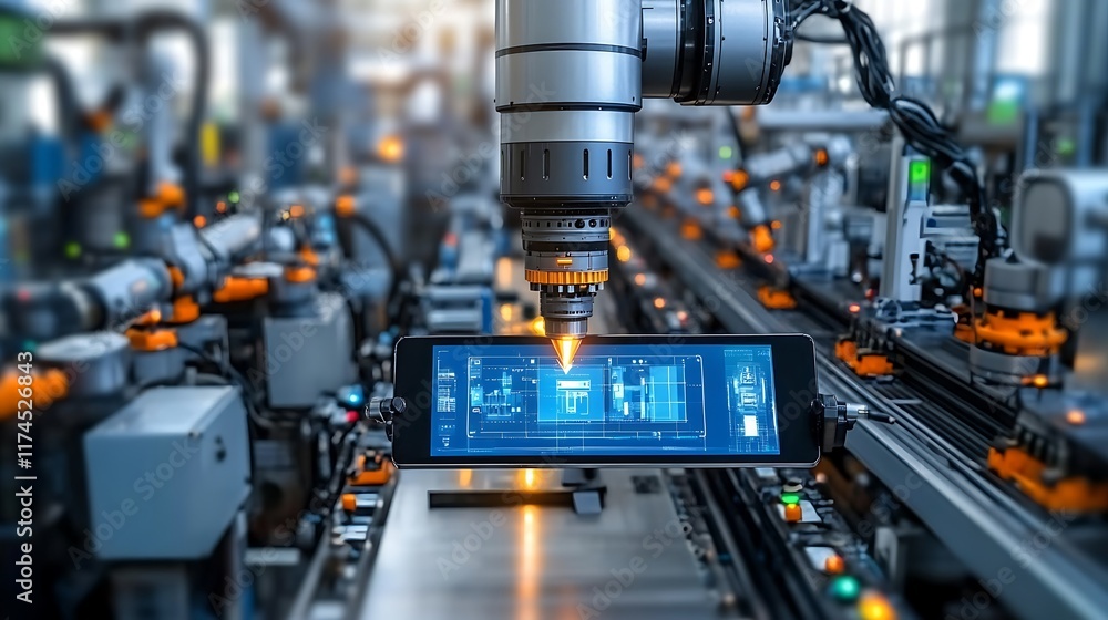 Poster robotic arm assembling smartphone on assembly line.