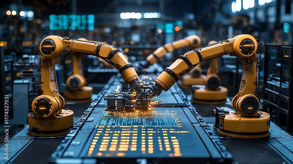 Aufkleber robotic arms assembling circuit board on factory production line.