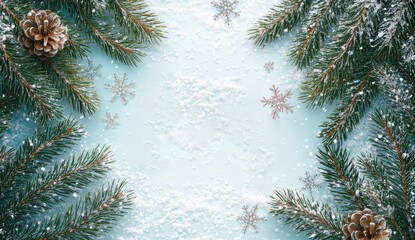 A picture of pine trees with snow on them and pine cones