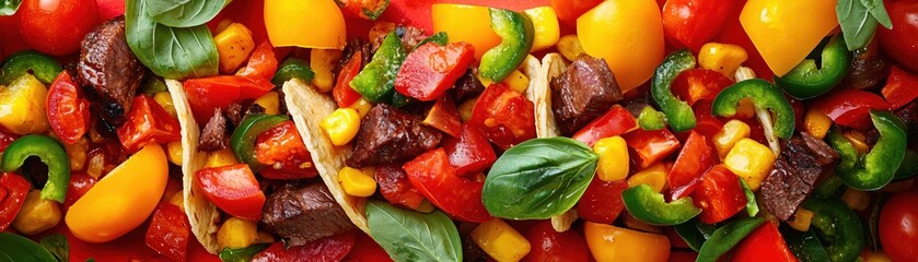Colorful Tacos with Fresh Vegetables and Juicy Meat on a Vibrant Background