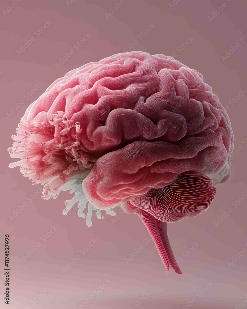 Poster a stunning 3d rendering of a brain, showcasing its intricate structures in vibrant pink tones, symbo